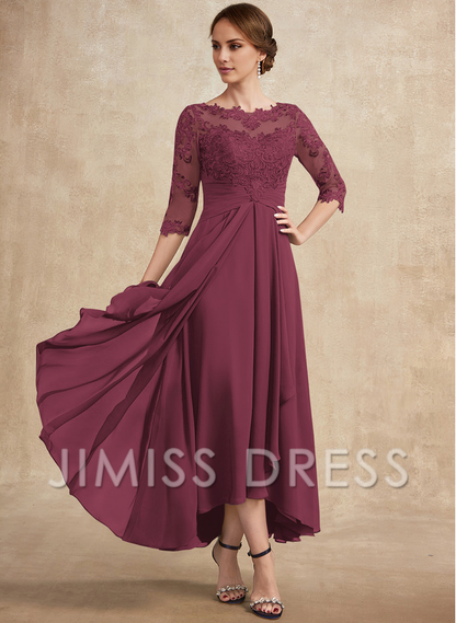 A-line hollow illusion asymmetrical lace chiffon belt with layered ruffles mother of the bride dress