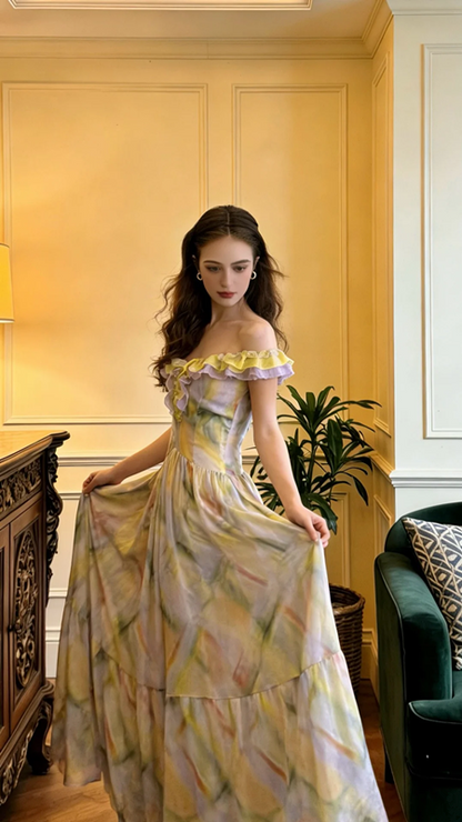 Light yellow off-the-shoulder fitted long ball gown R8699