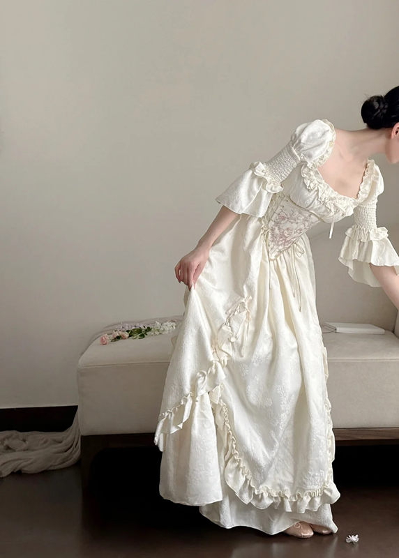 Pearl white square-neck waist-cinched slim-fit elegant vintage long prom gown, wedding dress R8017