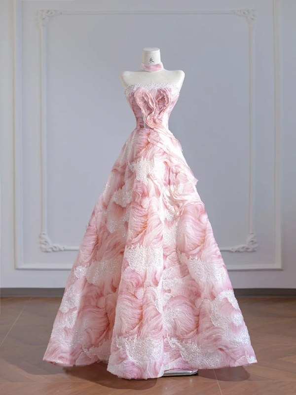 Light pink rose print strapless A-line ball gown/bridal dress with a cinched waist and full skirt R8272