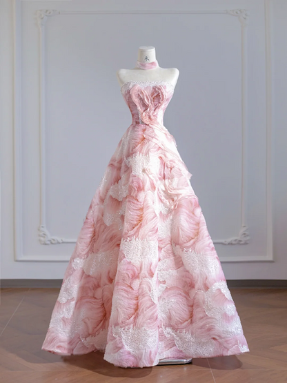 Light pink rose print strapless A-line ball gown/bridal dress with a cinched waist and full skirt R8272