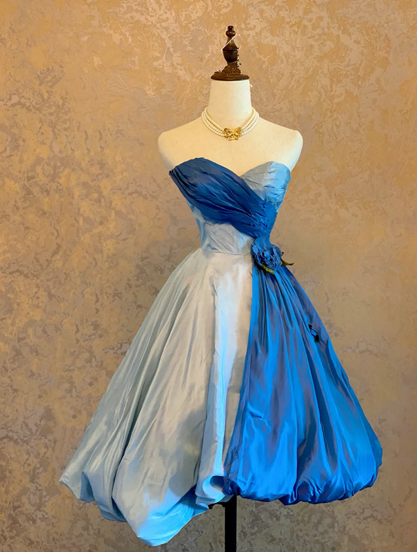 Blue color-block strapless ball gown with a cinched waist and an A-line skirt; bridal gown R7304