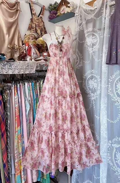 Pink floral print halter-neck long ball gown R7511