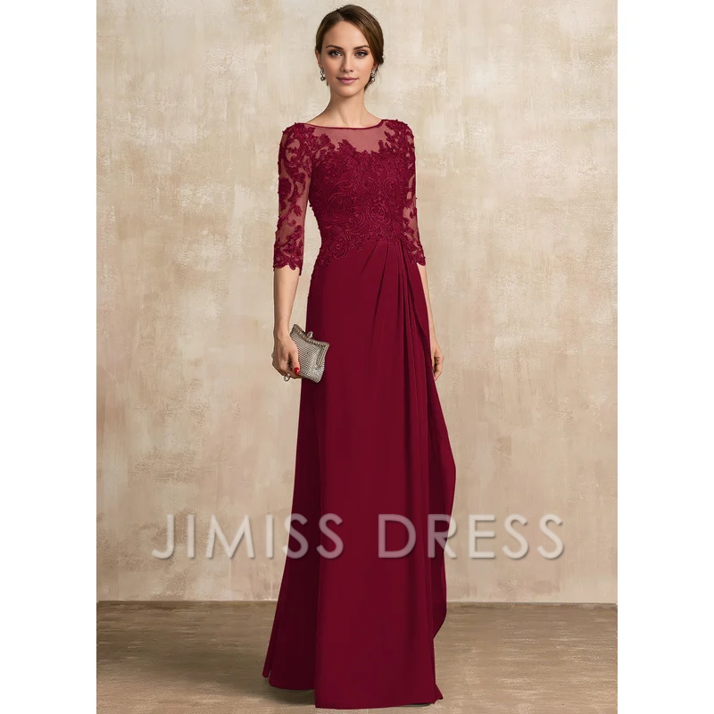 A-shaped Scoop Illusion floor mopping chiffon lace ribbon bead sequins layered ruffles mother of the bride dress
