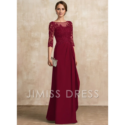 A-shaped Scoop Illusion floor mopping chiffon lace ribbon bead sequins layered ruffles mother of the bride dress