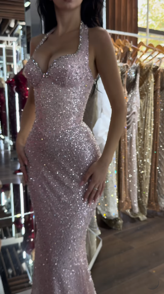Glitter Pink Halter Sequin Beaded Mermaid Party Dress Long Birthday Prom Gown SP803
