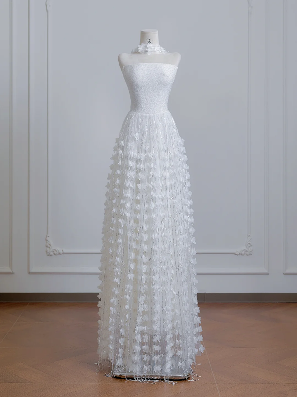 White strapless, heavily embellished, fitted long ball gown R8216