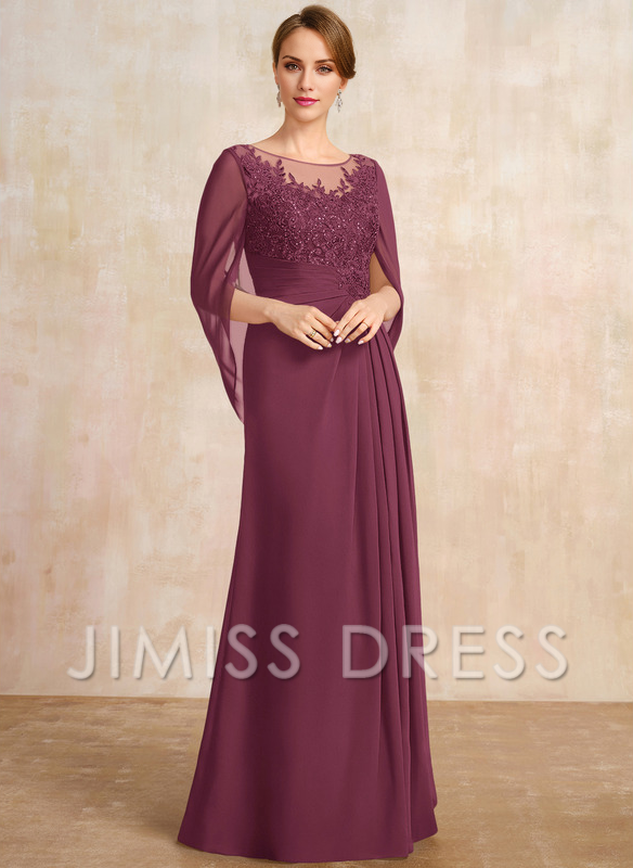 A-shaped Scoop Illusion floor lace chiffon with sequins and pleats, mother of the bride dress