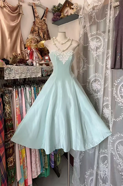 Light blue strapless, fitted waist, full skirt, mid-length ball gown R7858