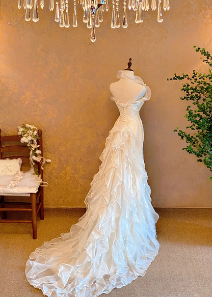 White Halter Neck Waist-Cinched Slim-Fit Sexy Floor-Length Ball Gown, Bridal Gown R7357