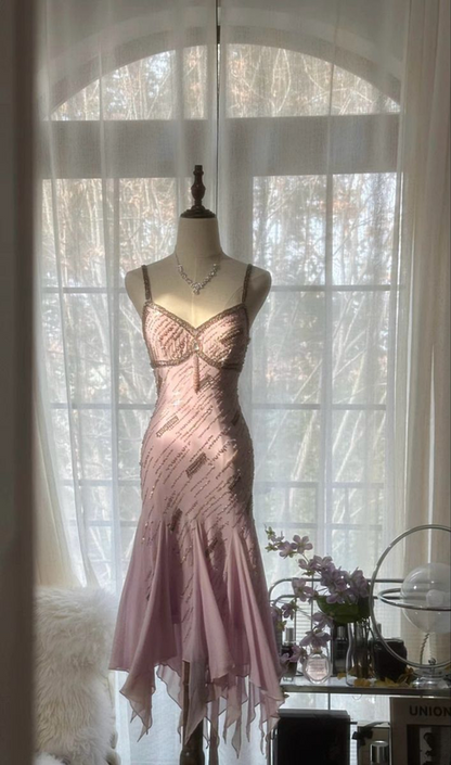 Light pink halter-neck fitted waist slim pleated sexy long ball gown R6552