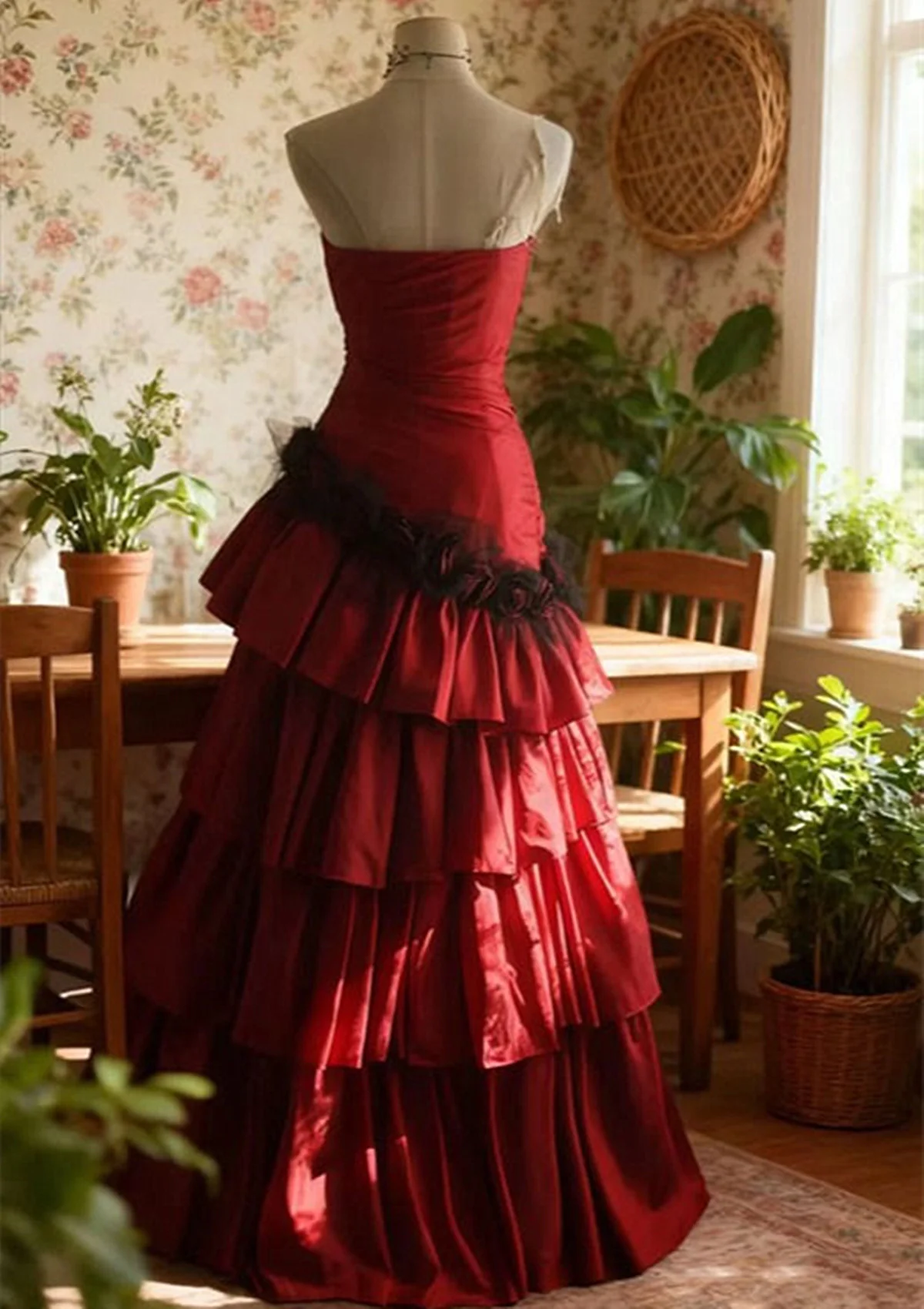Elegant Red Gothic Tiered Ball Gown Strapless Sweetheart Ruffle Prom Dress