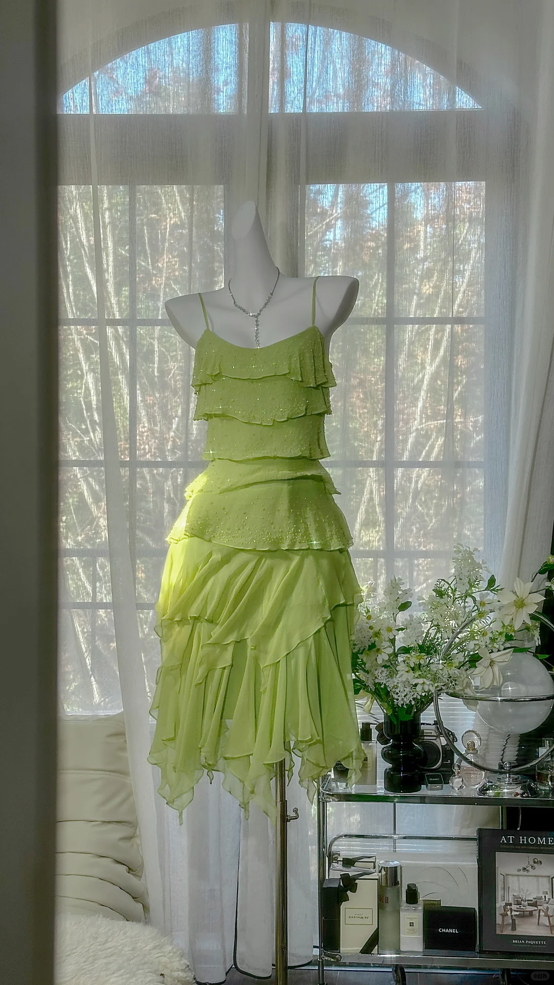 Cute Lime Green Spaghetti Strap Tiered Ruffle Homecoming Dress Beaded Chiffon Cocktail Dress TP5738