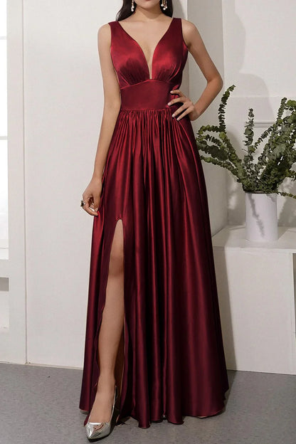 Off shoulder satin backless and floor length front slit prom dress