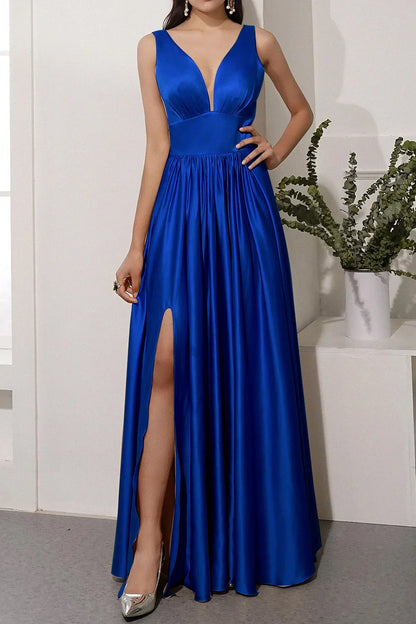 Off shoulder satin backless and floor length front slit prom dress