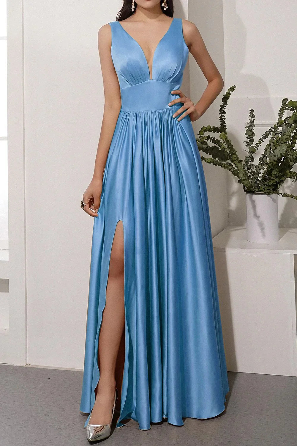 Off shoulder satin backless and floor length front slit prom dress