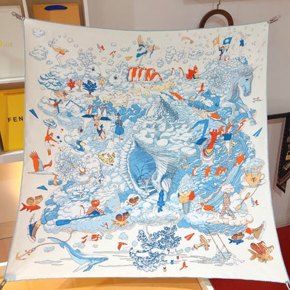 Hermes Sur Mon Nuage Scarf White 90Cm H003900S 05