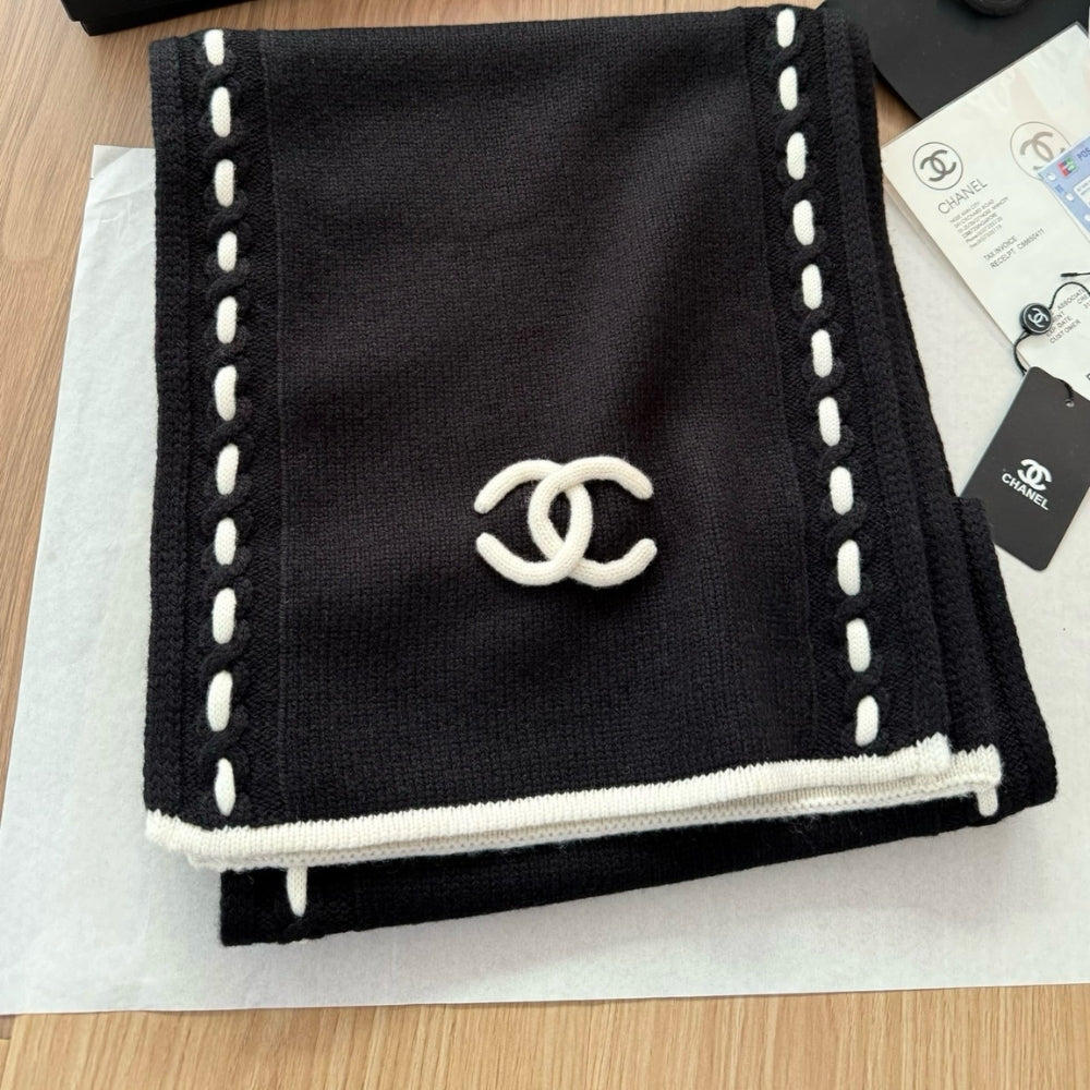 Chanel CC Logo Cashmere Scarf Black 180Cm