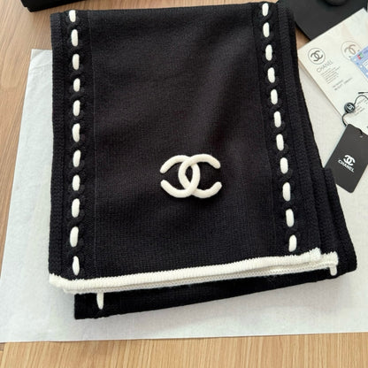 Chanel CC Logo Cashmere Scarf Black 180Cm