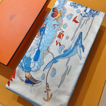 Hermes Sur Mon Nuage Scarf White 90Cm H003900S 05