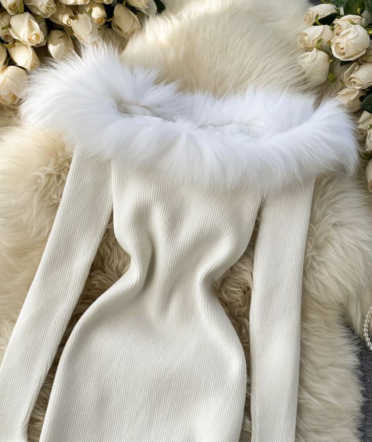 Black/white/gray autumn and winter fashion new sexy off-shoulder fashion fur collar slim hip knitted dress 11281