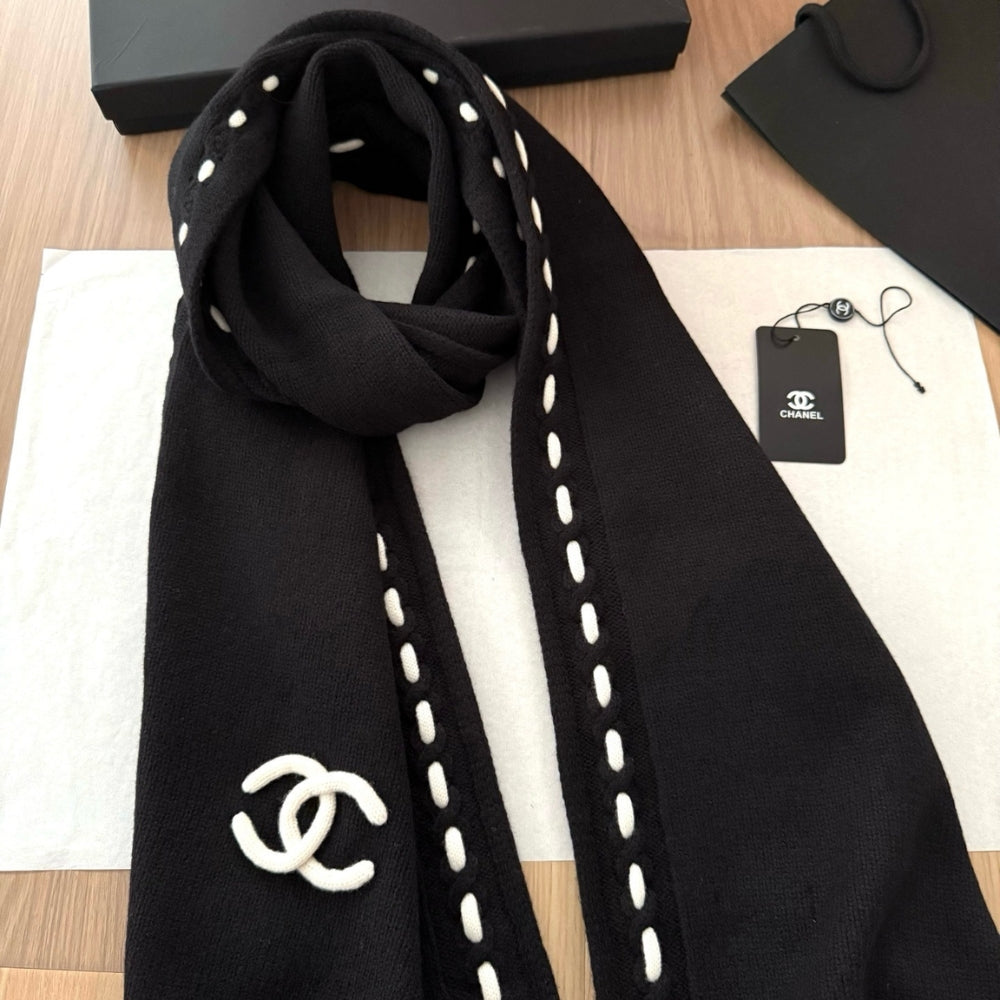 Chanel CC Logo Cashmere Scarf Black 180Cm