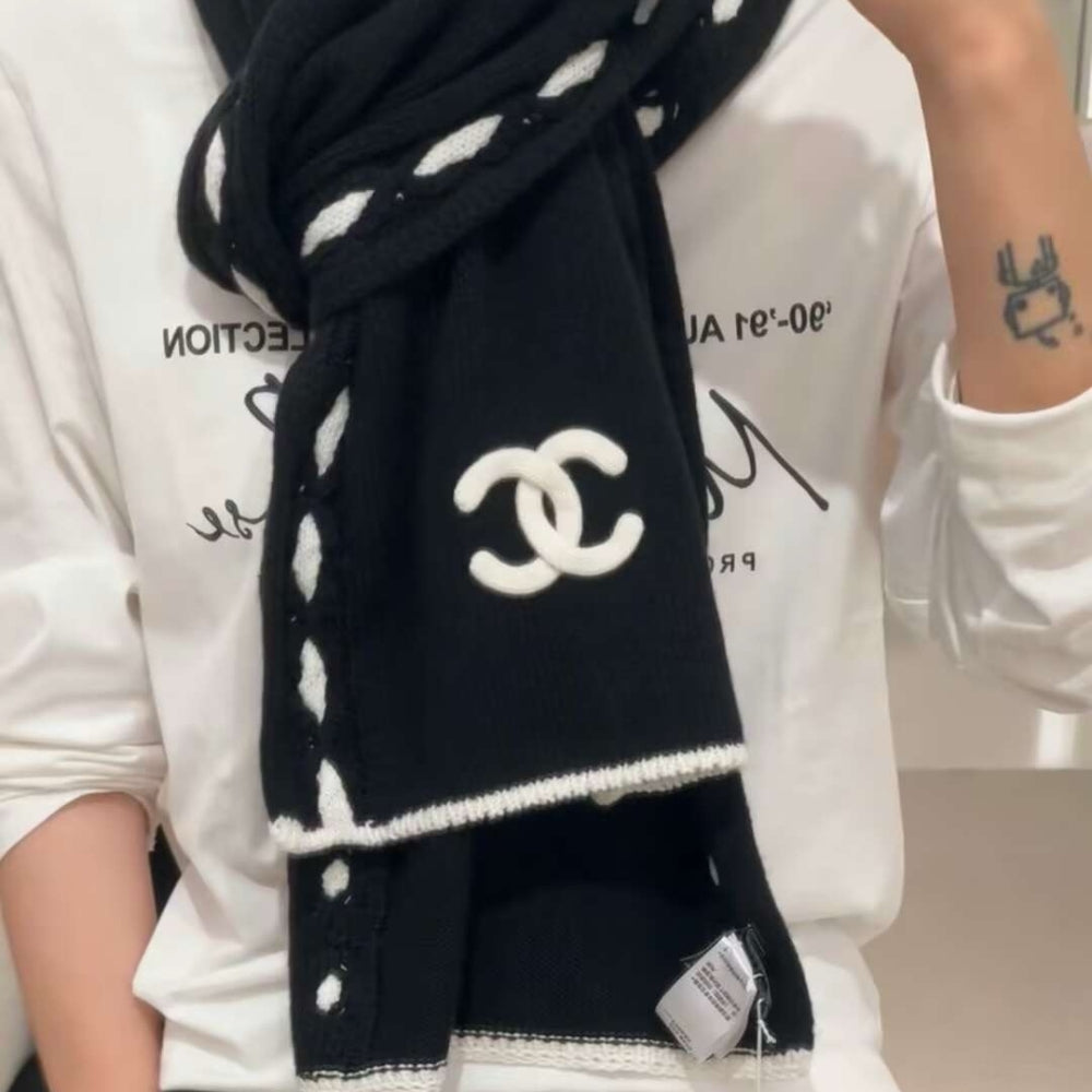 Chanel CC Logo Cashmere Scarf Black 180Cm
