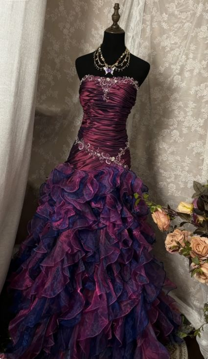 Glamorous Strapless Purple Organza Ruffles Mermaid Evening Dress Long Prom Gowns With Beads SP1807