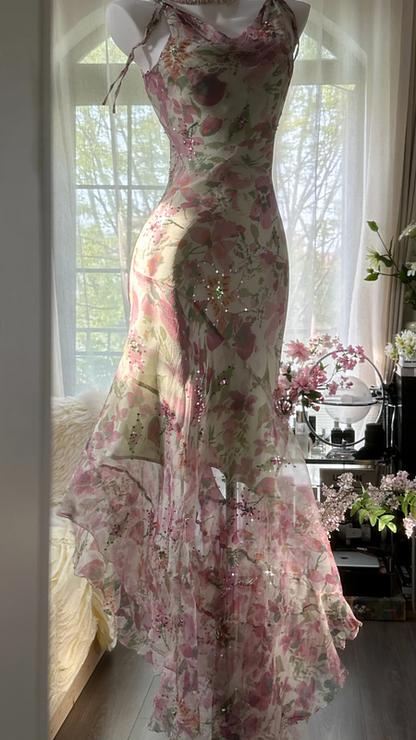 Light pink floral print halter top, fitted waist, irregular hem, long ball gown R7667