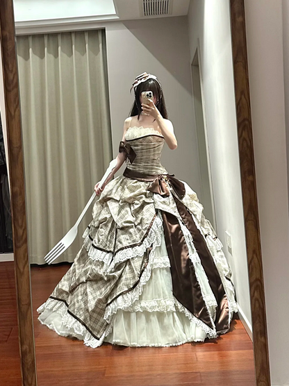 Light brown checkered strapless waist-cinching long ball gown R8636