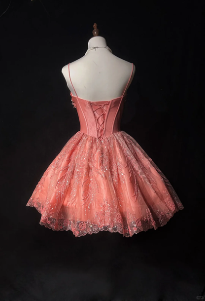 Pink halter chest 3D flower waist slim lace skirt design short skirt homecoming dress R4940