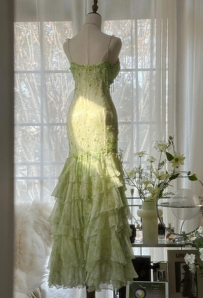Light green sequined halter-neck fitted bodycon long ball gown R6553