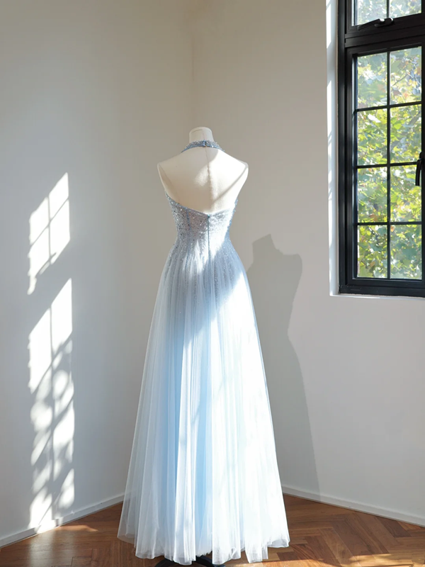 Light blue halter neck fitted waist long ball gown R8448