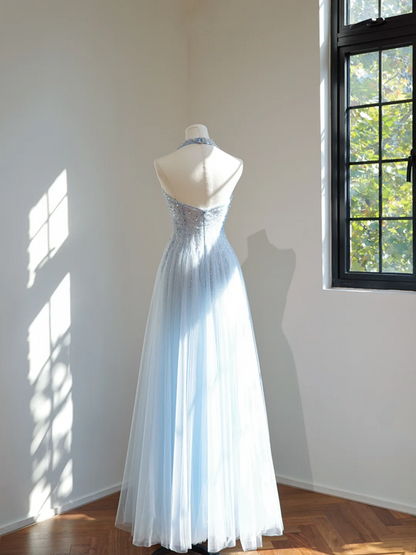 Light blue halter neck fitted waist long ball gown R8448