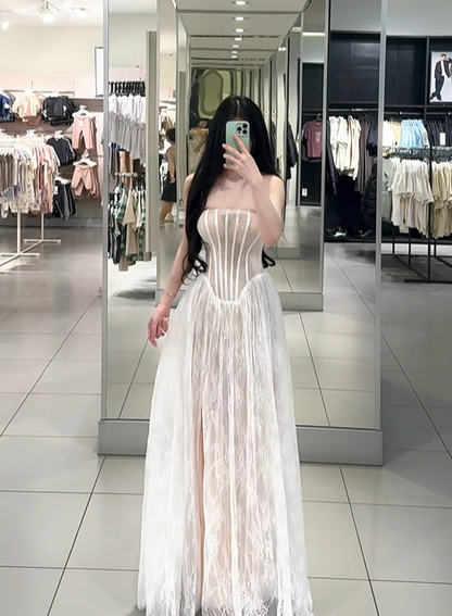 White strapless fitted waist sexy lace long ball gown R7899