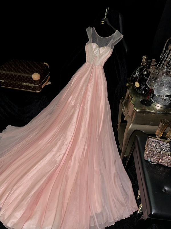 Light pink sleeveless fitted waist elegant long ball gown R6992
