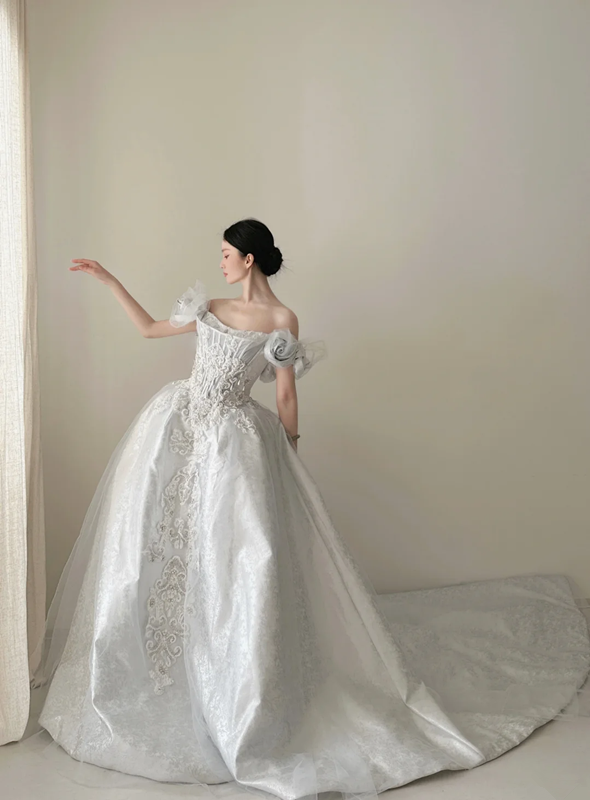 Light dusty blue one‑shoulder, waist‑cinched, slim‑fit, full‑skirted elegant long prom dress R7978