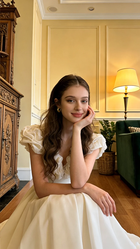 White floral V-neck dress with a fitted waist and pleated skirt, long ball gown/bridal gown R8575