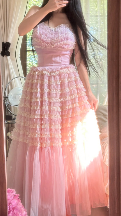 Light pink strapless fitted waist tiered skirt long ball gown R7747