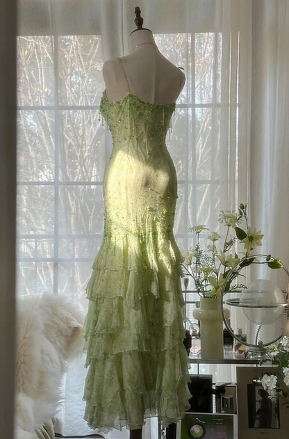 Light green sequined halter-neck fitted bodycon long ball gown R6553
