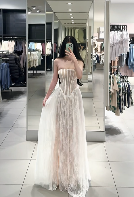 White strapless fitted waist sexy lace long ball gown R7899