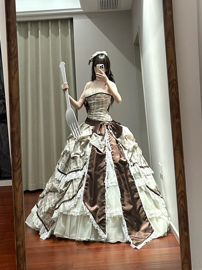 Light brown checkered strapless waist-cinching long ball gown R8636