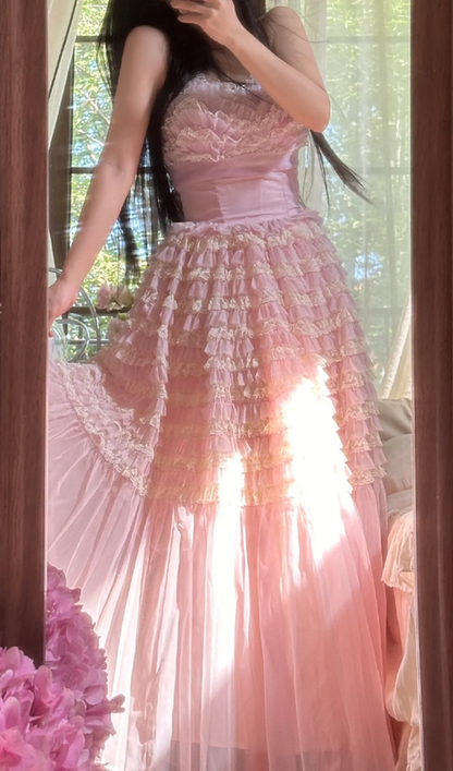 Light pink strapless fitted waist tiered skirt long ball gown R7747