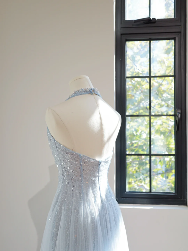 Light blue halter neck fitted waist long ball gown R8448
