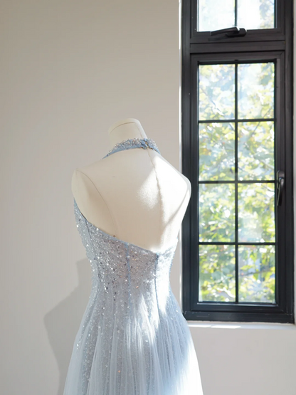 Light blue halter neck fitted waist long ball gown R8448