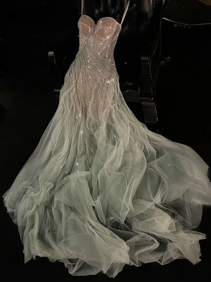 Light green sequined halter-neck fitted long ball gown R8819