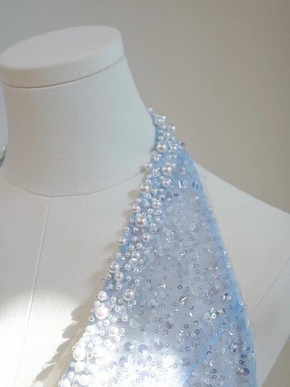 Light blue halter neck fitted waist long ball gown R8448