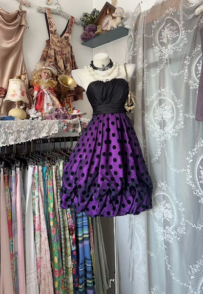 Black strapless short ball gown with purple tulip skirt R7585