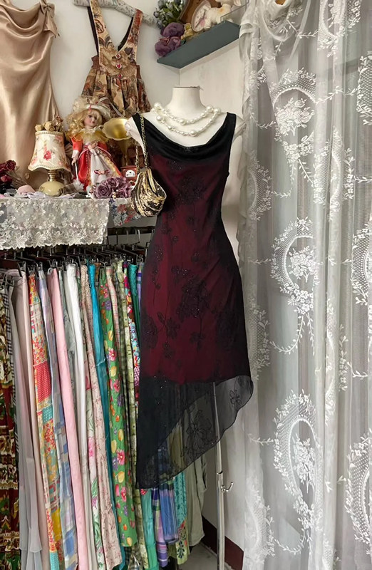 Dark red sleeveless fitted waist slim silhouette irregular hem midi ball gown R7819
