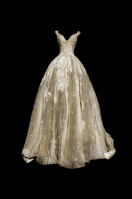 Light Champagne Spaghetti Strap Waist-Cinching Voluminous Sequin Long Prom Gown, Evening Formal Dress gh7336